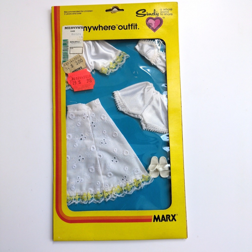 NIB Vtg 70s Marx Sindy Smarty Pants #44200 Doll Outfit White Eyelet Yellow Lace